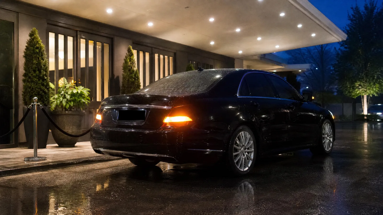 Black livery sedan waiting at a lit venue entrance in the evening with the rear door closed and reflections on the paint